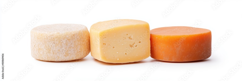 Poster three different types of cheese are shown on a white background. the cheeses are cut into small piec