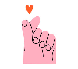 Hand drawn cute cartoon illustration of hand with heart sign. Flat vector love finger gesture in doodle style. Support and kindness icon. Love romantic couple print. Romantic feelings. Isolated.