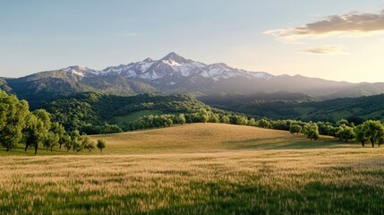 Fototapeta premium Warm hues illuminate the mountain range as evening descends, highlighting snow-capped peaks and golden fields below, showcasing nature's beauty.