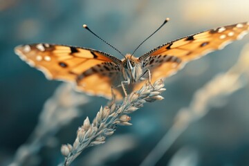 A butterfly perched on a leafy green plant, with delicate wings spread out