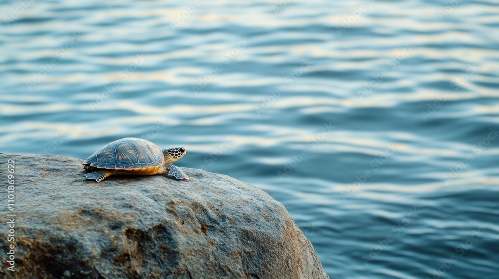 Poster a turtle resting on a rock by the water's edge, surrounded by calm, reflective waves.
