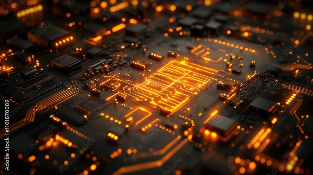 Poster close-up of a lit-up circuit board with orange glowing lines, featuring a central processing unit.