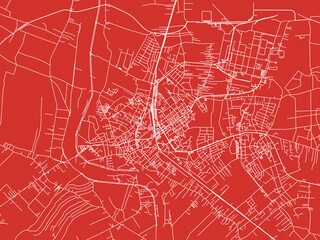 Christmas Map of Mielec, Poland in Snowy White on Festive Red Background.