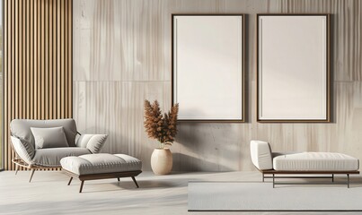 Modern living room interior with a white sofa. two empty picture frames. a coffee table. an armchair. a vase with greenery. a throw blanket and sunlight streaming through a window