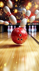 Red Bowling Ball Strikes Pins on Wooden Lane