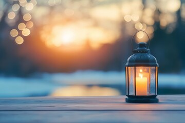 Candle lantern glowing on wooden table at sunset creating a serene atmosphere