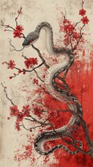 Obraz premium Majestic serpent or dragon entwined around the branches of a blossoming cherry tree in a captivating oriental fantasy The mythical creature is surrounded by vibrant red flowers against a background