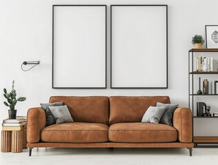 Minimalist living room interior with a brown sofa. two blank frames. a bookshelf. and plants