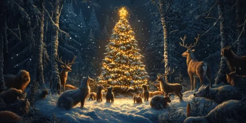 Foto auf Acrylglas Waldtiere A magical forest scene with animals gathered around a glowing Christmas tree at night  © Stockberry