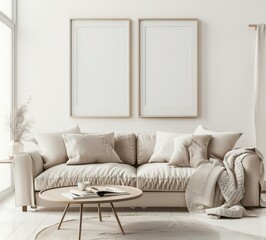 A cozy living room with a beige couch. two empty picture frames. a coffee table. and dried pampas grass in a vase