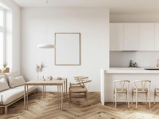 Modern open-plan living room with a white sofa. coffee table. and a dining area with a round table and chairs The room has a large window with a view of the city