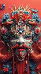 Fototapeta premium Ornate Chinese Festival Mask with Mythical Dragon Headdress and Vibrant Colors Intricate and elaborate ceremonial mask design featuring a fantastical dragon inspired headdress in a rich