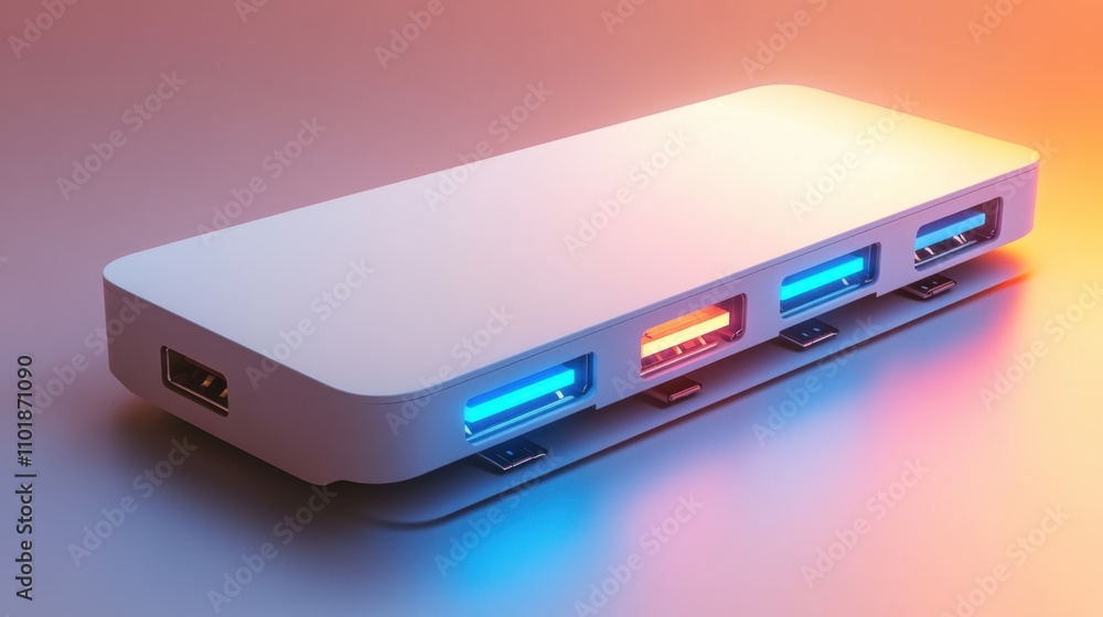 Poster high-tech usb-c hub with multiple connections, rendered in 3d for a clean, futuristic aesthetic agai