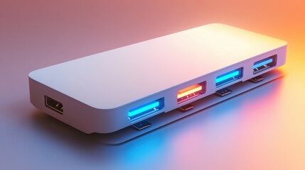 High-tech USB-C hub with multiple connections, rendered in 3D for a clean, futuristic aesthetic against a soft gradient.
