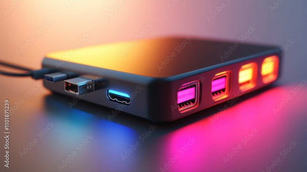 Poster high-tech usb-c hub with multiple connections, rendered in 3d for a clean, futuristic aesthetic agai