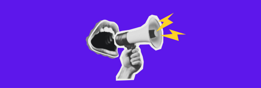 Pop art modern collage with screaming mouth and bullhorn. Halftone newspaper elements. Advertising banner with megaphone and copy space. Announcement banner of news, sales. Loudspeaker announces