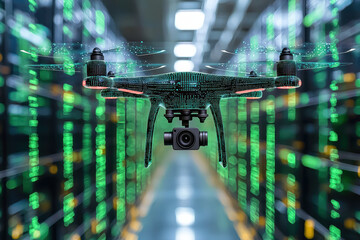 3D AI powered drone hovering in data center with visible camera lens, showcasing advanced technology and innovation. green lights create futuristic atmosphere