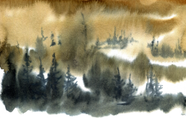 Watercolor background with fir trees, pine, abstract nature background. Gray watercolor stain, hand-drawn. Card with watercolor blots. Forest template