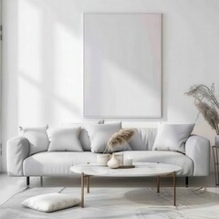 Minimalist living room interior with a large blank canvas hanging above a gray sofa and a coffee table. perfect for showcasing artwork. photography or design concepts