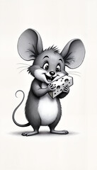 Cute grayscale cartoon mouse holding a block of cheese with a happy expression
