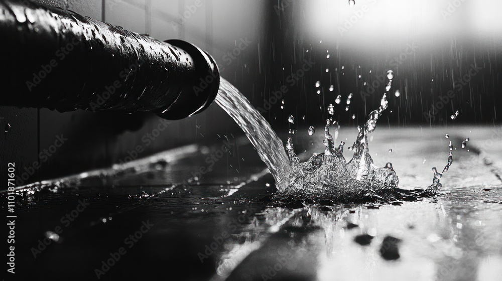 Poster water splashes from a pipe onto a tiled floor, creating a dynamic black-and-white scene.