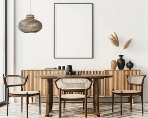 Minimalist dining room interior with a round wooden table and four black chairs A black and white framed artwork hangs on a white wall
