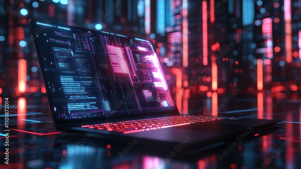 Poster a laptop with glowing screen displaying futuristic data in a neon cityscape.