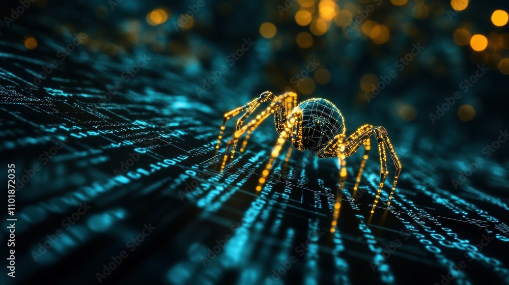 Poster glowing neon spider crawling through code with cascading data streams