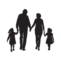 mother and father walking with their children hand by hand vector silhouette isolated on white background.