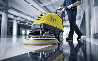 Fototapeta premium a floor polisher in action. The yellow housing and rotating pad are clearly visible. A person in dark clothing and white gloves is operating the machine on a highly polished floor in a modern building