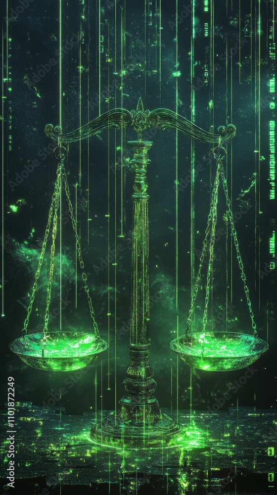 Poster neon green scales of justice in matrix style with cascading elements