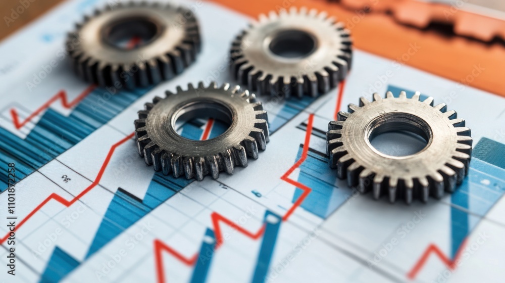 Aufkleber interlocking gears with a downward trend graph in the background, symbolizing economic challenges an