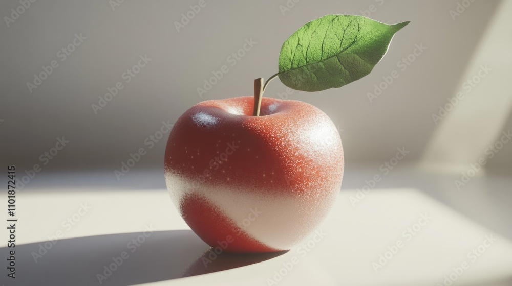 Poster red apple with frosting and single leaf