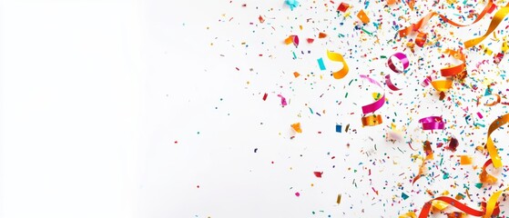 Background with colored confetti and streamers isolated on white background for birthday party or New Year's festivities and copy space