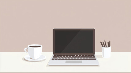 Fototapeta premium clean, neutral background featuring tidy desk with laptop, coffee cup, and pens creates serene workspace atmosphere