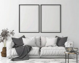 Minimalist living room interior with a white sectional sofa. two black framed posters on the wall. a wooden coffee table with a vase and candles. a small potted plant. and a rug