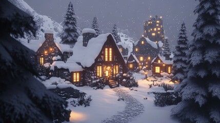 Fototapeta premium Cozy Snowy Village at Twilight with Warm Glowing Windows