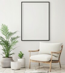 A minimalist living room interior with a white armchair. a potted palm tree. a side table and a floor lamp against a white wall
