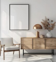 A cozy living room with a wooden cabinet. armchair. floor lamp. and a framed picture on the wall