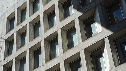 close up of urban facade showcasing repetitive concrete windows, highlighting modern architecture and geometric patterns. interplay of light and shadow adds depth to structure