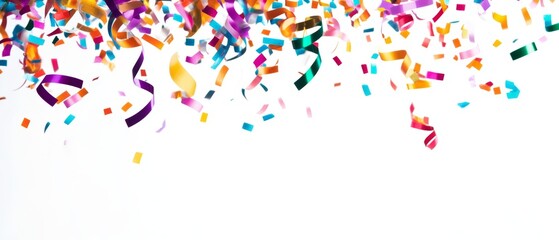 Background with colored confetti and streamers isolated on white background for birthday party or New Year's festivities and copy space