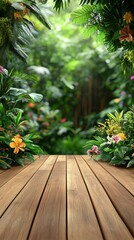 Fototapeta premium Wooden planks on a tropical jungle background.