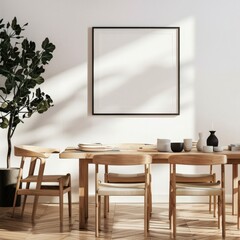 Minimalist dining room with a wooden table and chairs. a large blank poster. and natural light streaming through a window