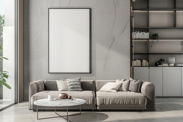 Modern living room interior with a large blank canvas above a beige sofa and a coffee table The room is styled with a bookcase and lamp