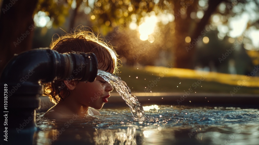 Poster a child plays in water, enjoying a sunny day with splashes and sunlight filtering through trees.