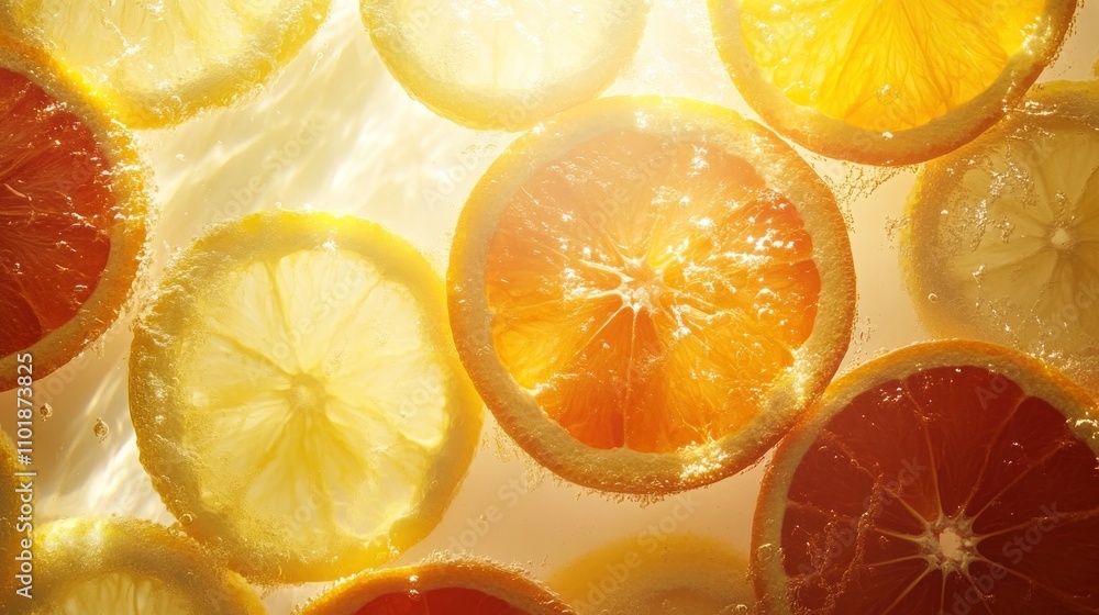 Poster brightly colored citrus slices submerged in sparkling water, creating a refreshing visual.