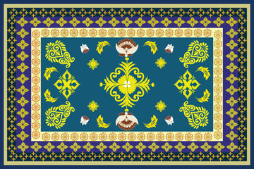 Obraz premium A deep blue rug pattern adorned with golden and green floral motifs, surrounded by intricate Thai-inspired borders, complemented by butterflies for added elegance and delicacy