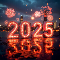 New Years Eve 2025 with colorful Fireworks over New York City skyline long exposure in the sky