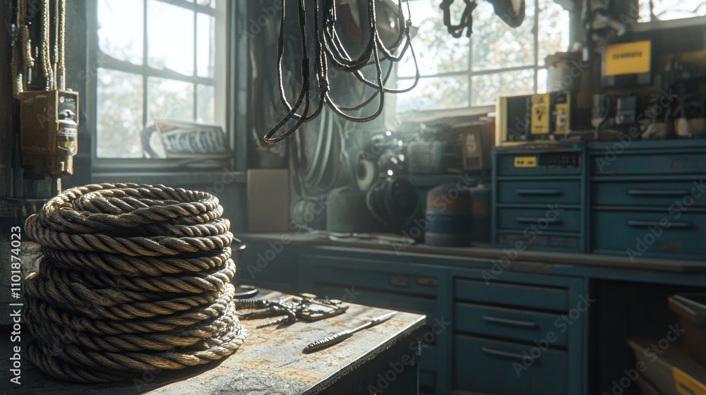 Poster a workshop scene featuring tools and coiled rope, emphasizing craftsmanship and utility.