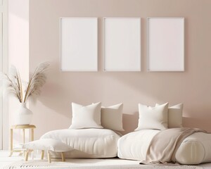 A cozy living room interior with a white sofa. plush pillows. and a faux fur throw. accented by beige and pink tones. creating a warm and inviting ambiance
